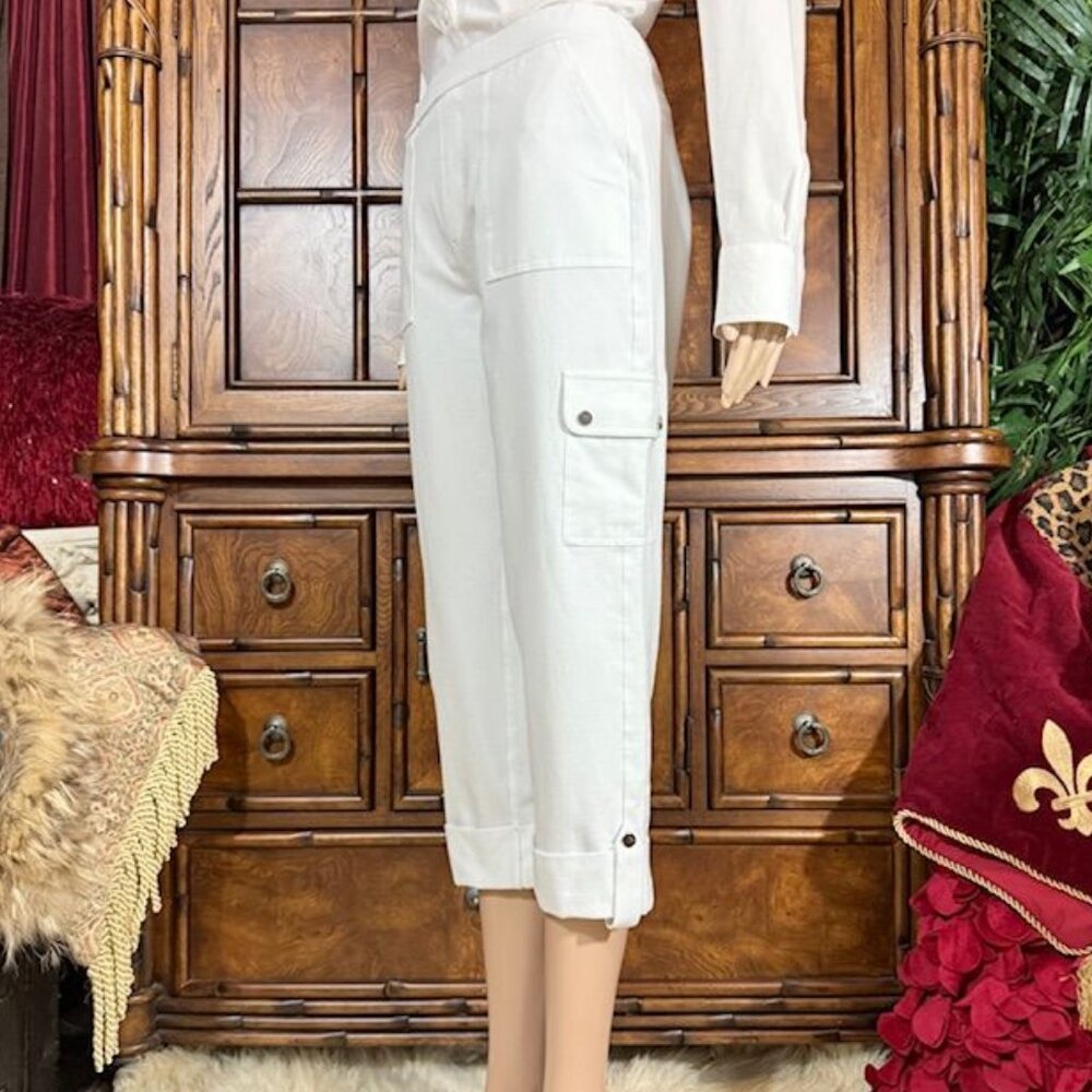 Susan Graver White Cargo Stretch Cotton Ponte Crop Cuff Strap Hem Pant